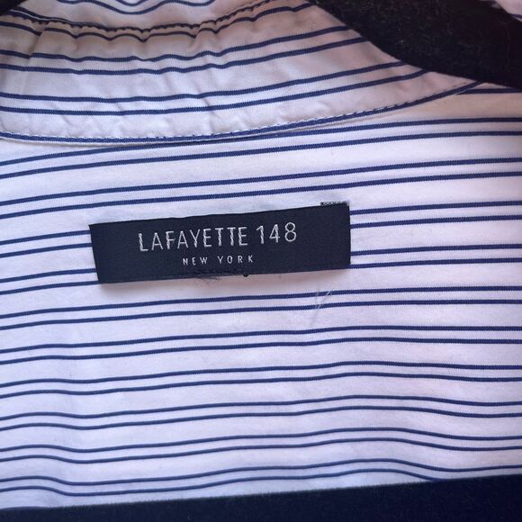 Lafayette 148 white w/blue narrow stripes, button down shirt, long sleeves, S/M - Picture 2 of 10